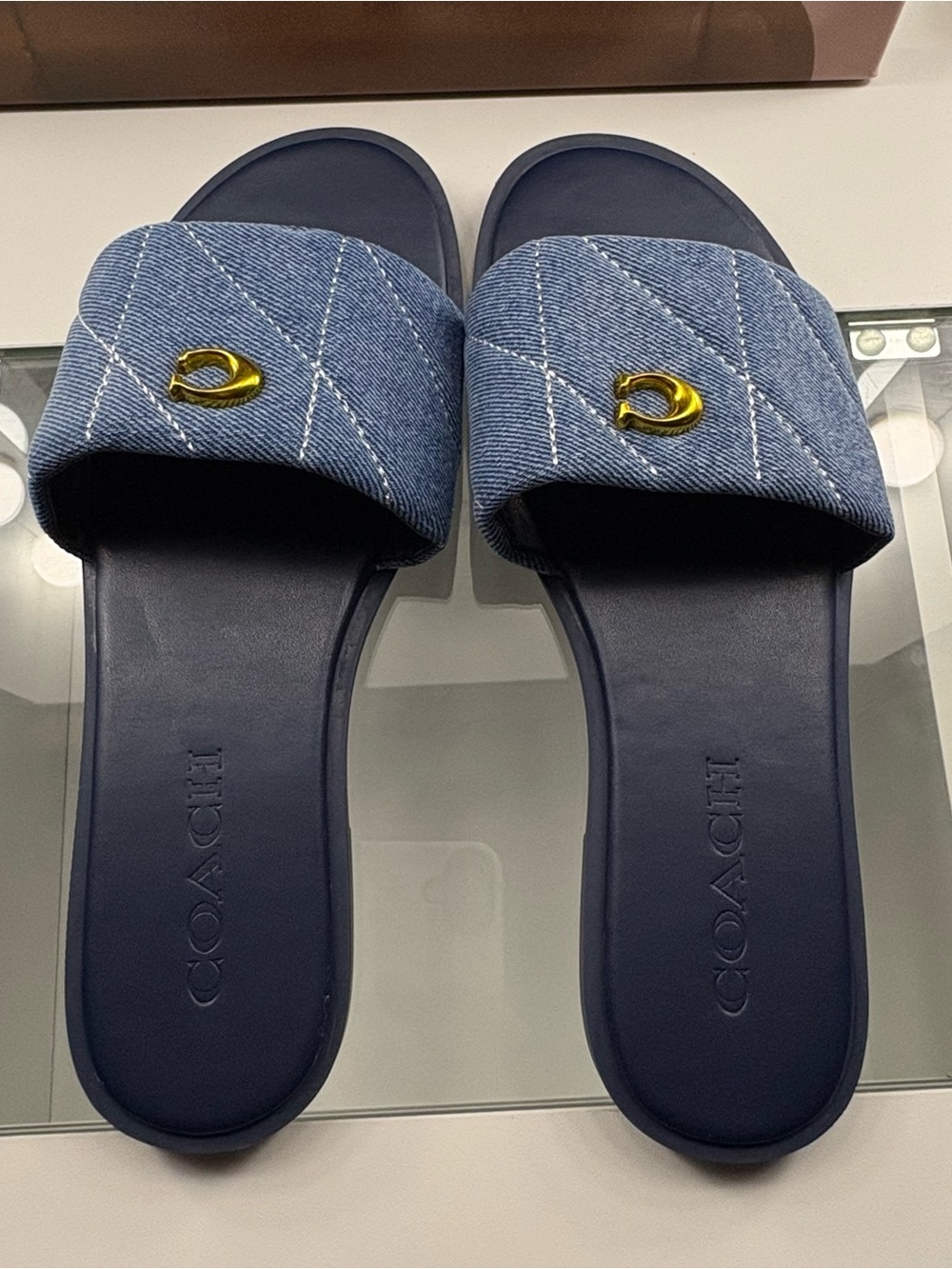 Coach Denim Quilted Slide Sandals with Gold Logo - Navy Blue
